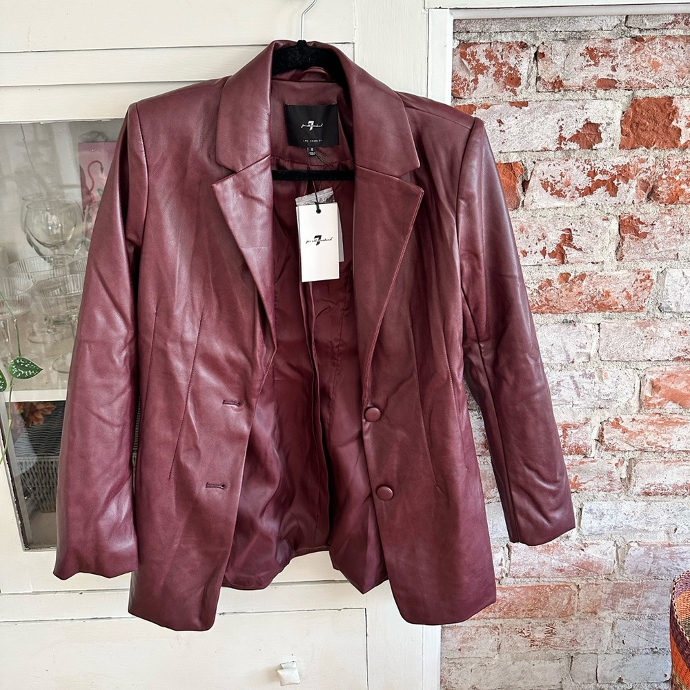 7 for all mankind wine colored vegan leather blazer size small. NWT